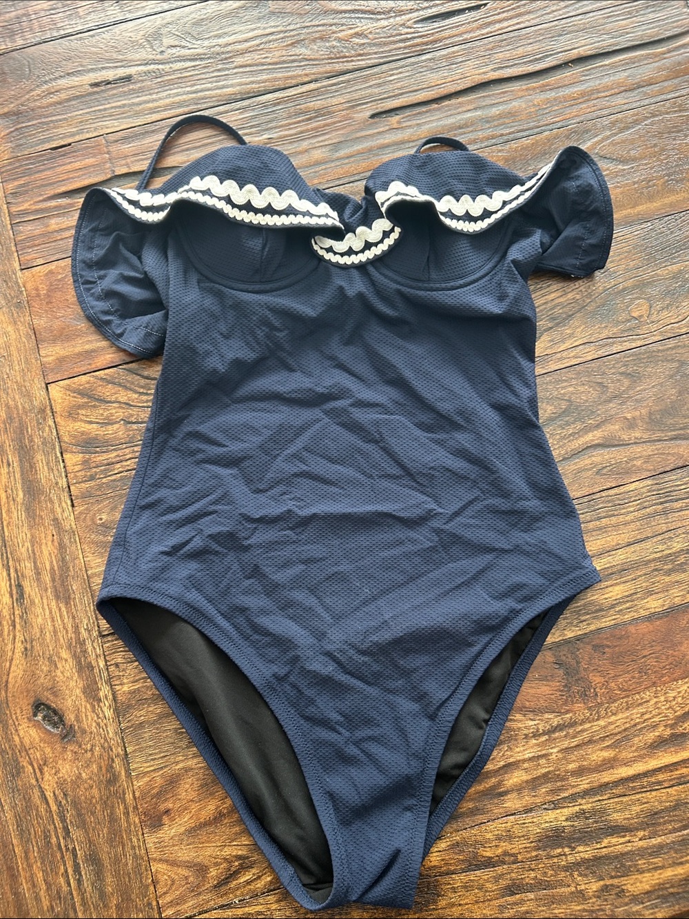 J. Crew Navy One-Piece Swimsuit with White Scallop Trim